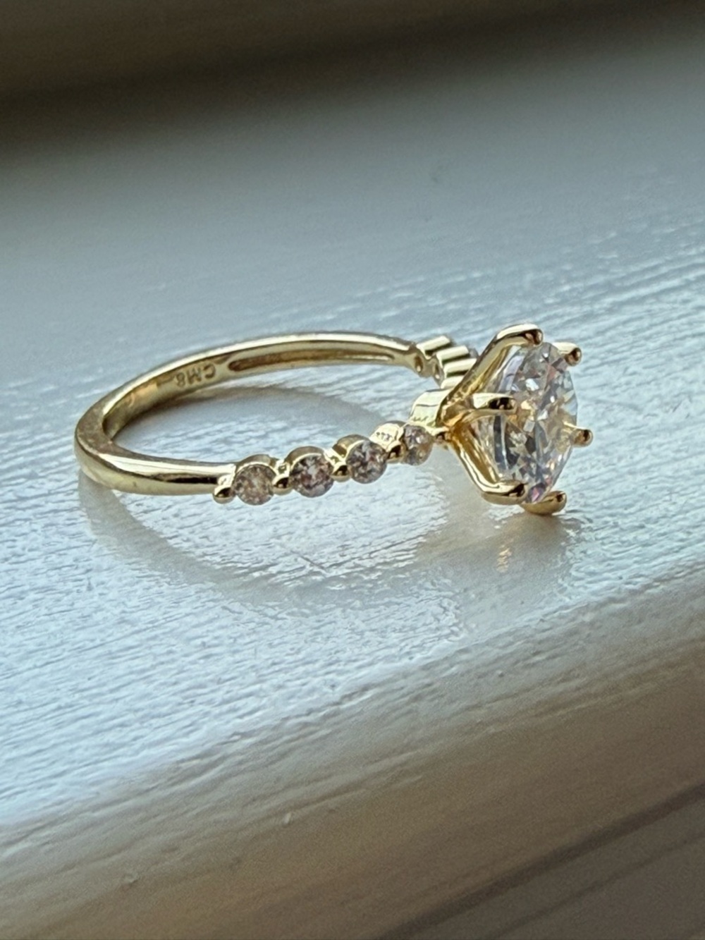 NEW! 18k Gold Plated Round-Cut Solitaire Engagement Ring with Accent Diamonds - Picture 5 of 14